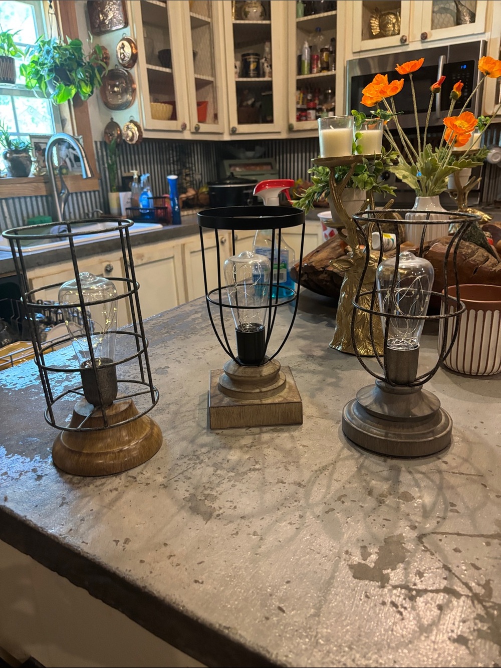 Rustic Metal and Wood Cage Table Lamps - Set of 3 (Black/Brown/Gray)